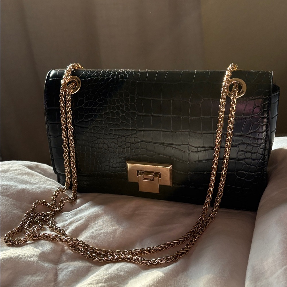 Aldo Black Croc-Embossed Shoulder Bag with Gold Chain